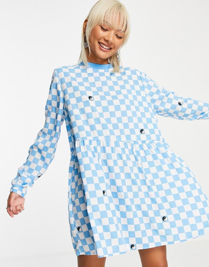 Noisy May Exclusive Oversized Smock Dress In Blue Checkerboard-multi