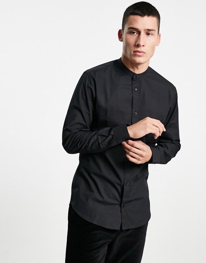 Jack & Jones Essentials Smart Shirt With Granddad Collar In Slim Fit Black