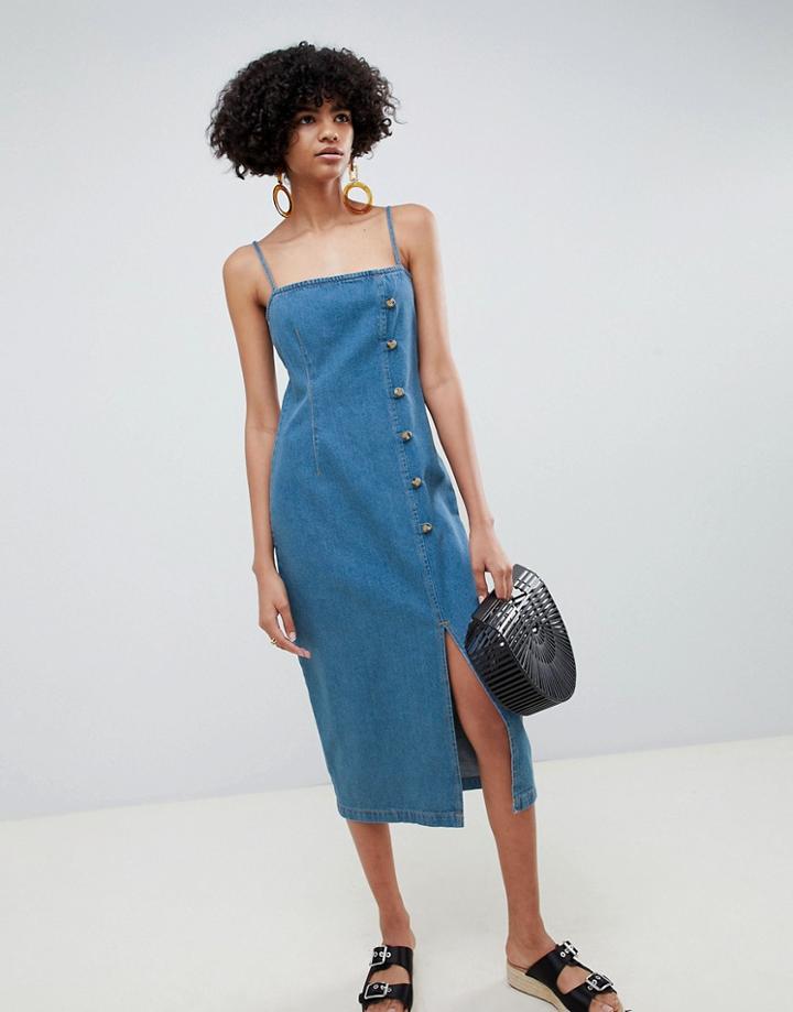 Asos Design Denim Button Side Midi Dress In Midwash Blue