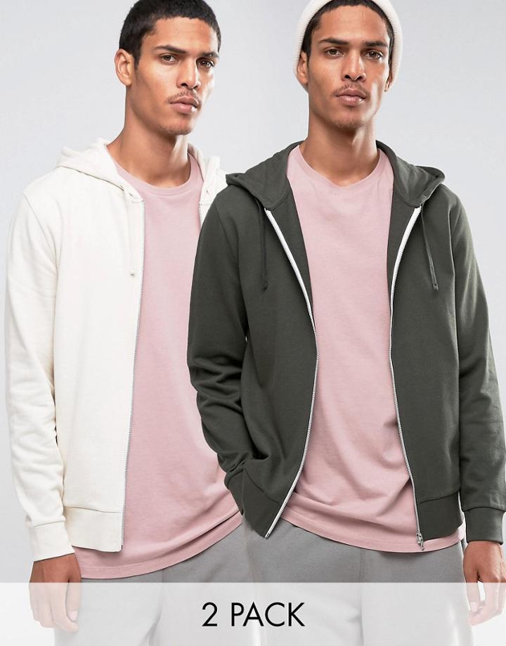 Asos Zip Up Hoodie Khaki/ Off White 2 Pack - Multi