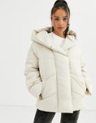 Bershka Longline Puffer Coat With Hood In Cream