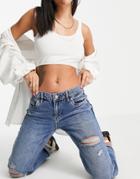 River Island Ripped Dad Jeans In Mid Auth Blue-blues