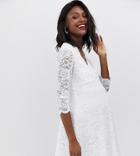 Flounce London Maternity Lace Dress With 3/4 Sleeve In White - White