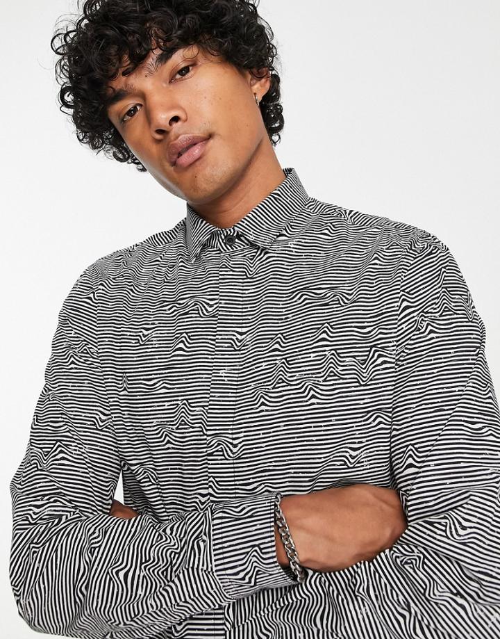 Twisted Tailor Unknown Shirt In White With Distorted Horizontal Stripes-multi
