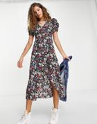 Topshop Floral Ruched Sleeve Midi Dress In Multi