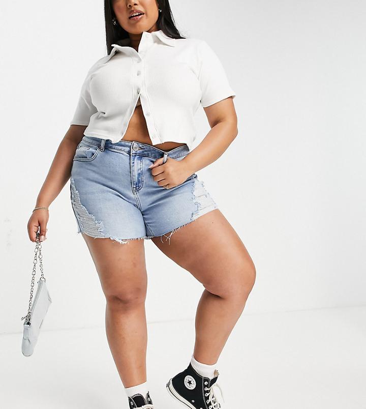 Simply Be Ripped Denim Shorts In Vintage Blue-blues