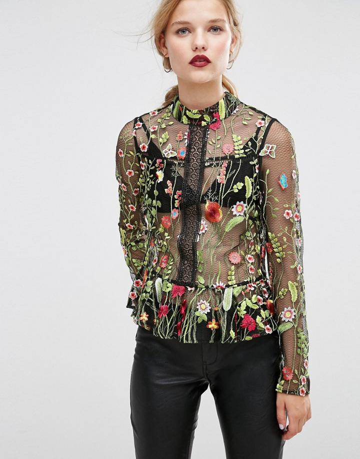 Asos Premium Embroidered Mesh Blouse - Multi