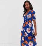 Influence Tall Floral Midi Dress With Shirred Sleeves - Navy