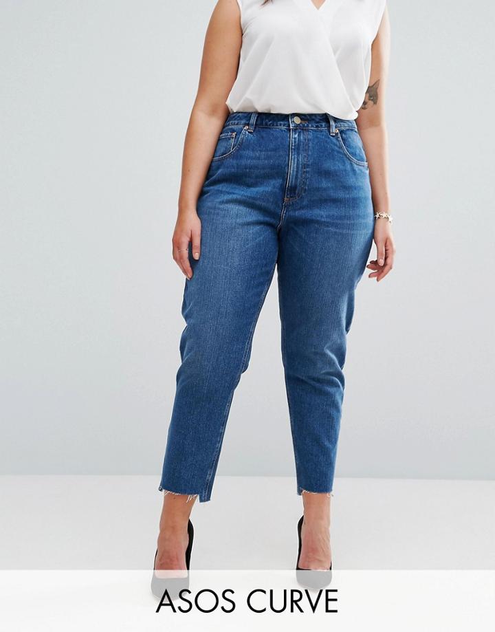 Asos Curve Original Mom Jeans In Harley Wash With Split & Stepped Hem - Blue