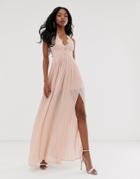 Rare London Maxi Dress With Cup Detail And Scalloped Back In Taupe - Pink