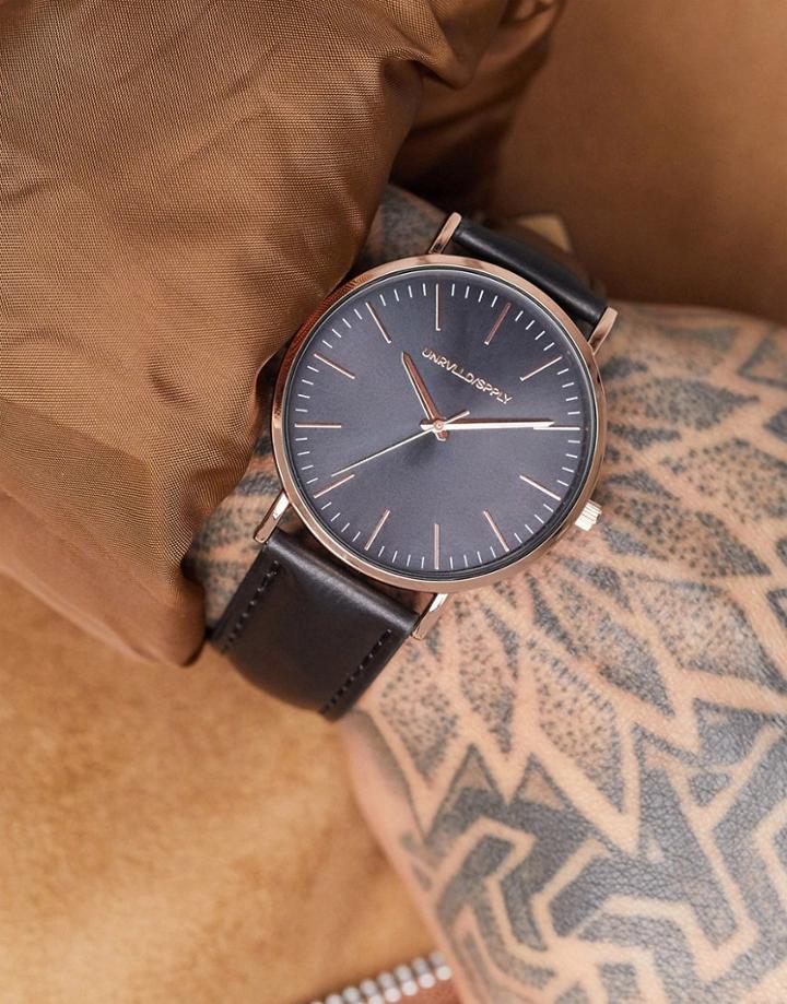 Asos Design Classic Watch With Rose Gold Detail And Gray Face In Black