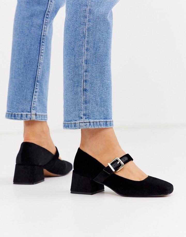 Asos Design Space Square Toe Mary Jane Mid Heels In Black Velvet