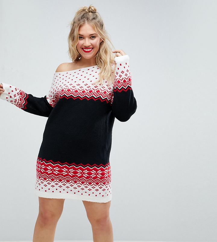 Asos Curve Holidays Knitted Dress With Off Shoulder In Fairisle - Multi