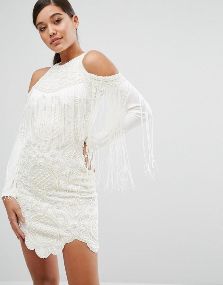 A Star Is Born Embellished Cold Shoulder Bodycon Dress - White