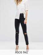Asos Tall Farleigh High Waist Slim Mom Jeans In Washed Black With Busted Knees - Black