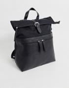 Asos Design Backpack In Black With Faux Leather Front Double Pockets