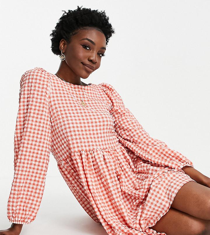 Asos Design Tall Textured Mini Smock Dress With Strappy Back In Red Gingham-multi
