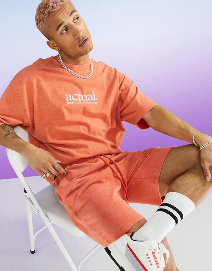 Asos Actual Oversized T-shirt In Orange Wash With Logo Print - Part Of A Set