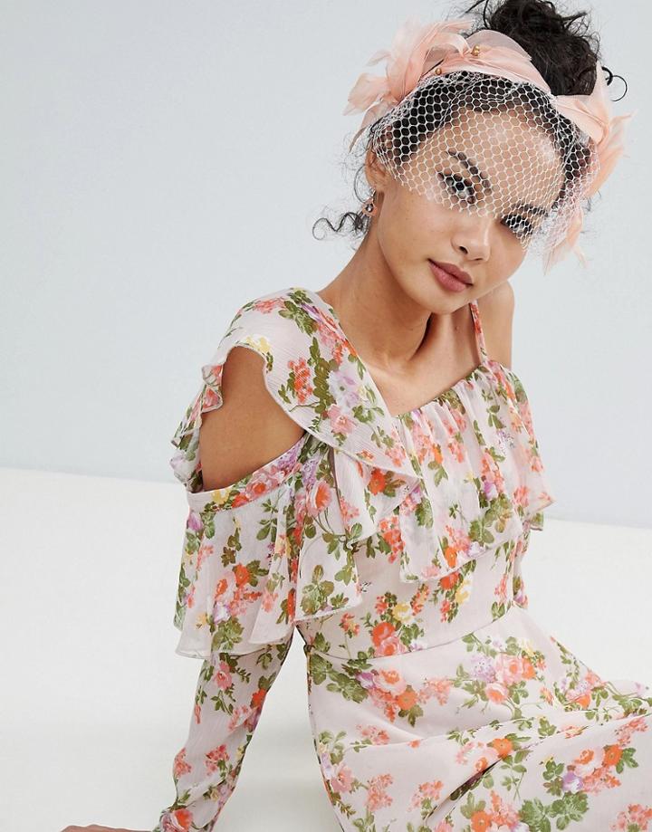 Asos Design Statement Fabric Leaf And Veil Fascinator Headband - Pink