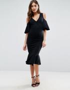 Asos Cold Shoulder Wrap Front Peplum Midi Dress - Black