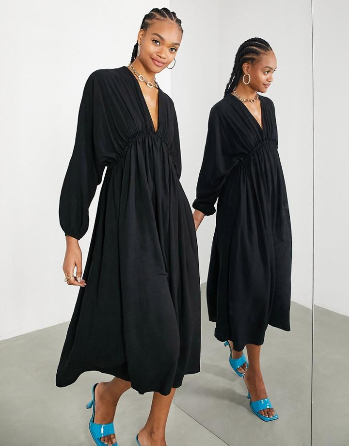 Asos Edition Gathered Waist Batwing Midi Dress In Black