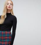 Warehouse Ribbed High Neck Top With Lettuce Hem In Black - Black