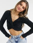 Threadbare Sasha Twist Front Fluffy Cropped Sweater-black