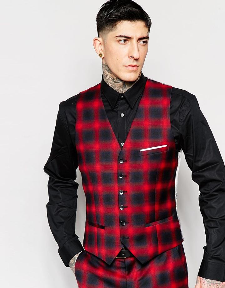 Heart & Dagger Ombre Check Waistcoat In Super Skinny Fit - Red