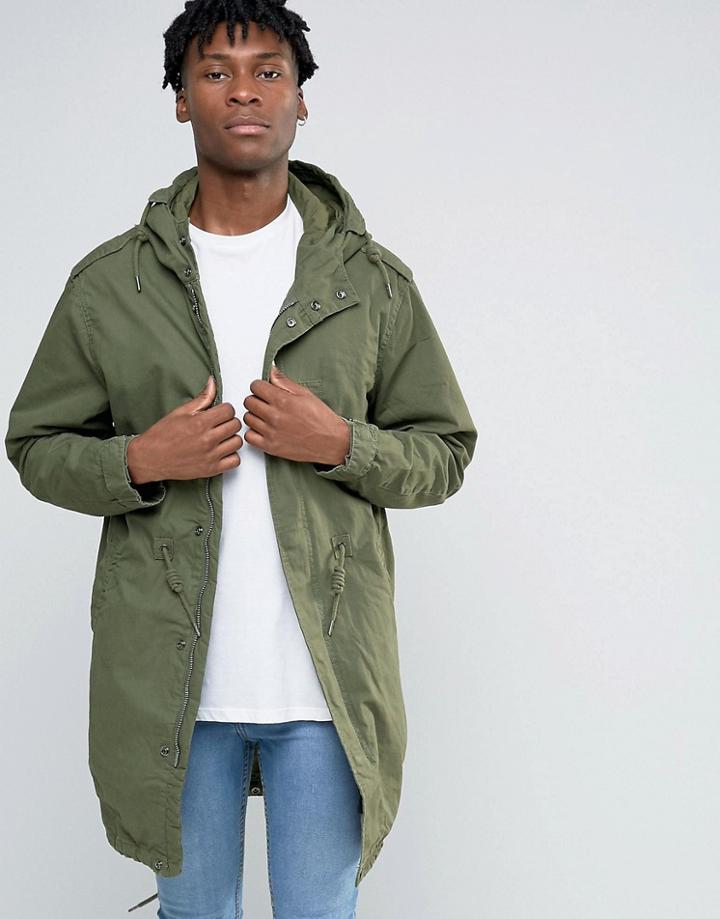 Pull & Bear Parka Coat In Khaki - Green