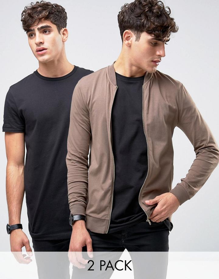 Asos Jersey Muscle Fit Bomber Jacket/black Longline T-shirt 2 Pack - M