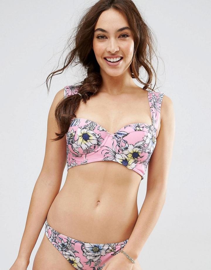 Asos Fuller Bust Exclusive Summer Floral Print 50s Longline Bikini Top Dd-g - Summer Floral