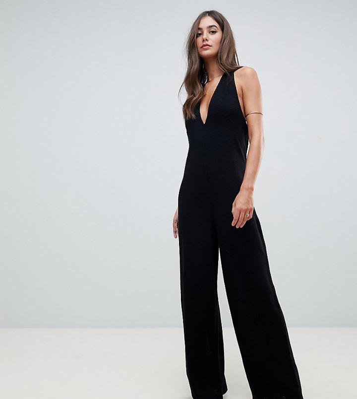 Asos Design Tall Halter Neck Jumpsuit With Plunge Front - Black