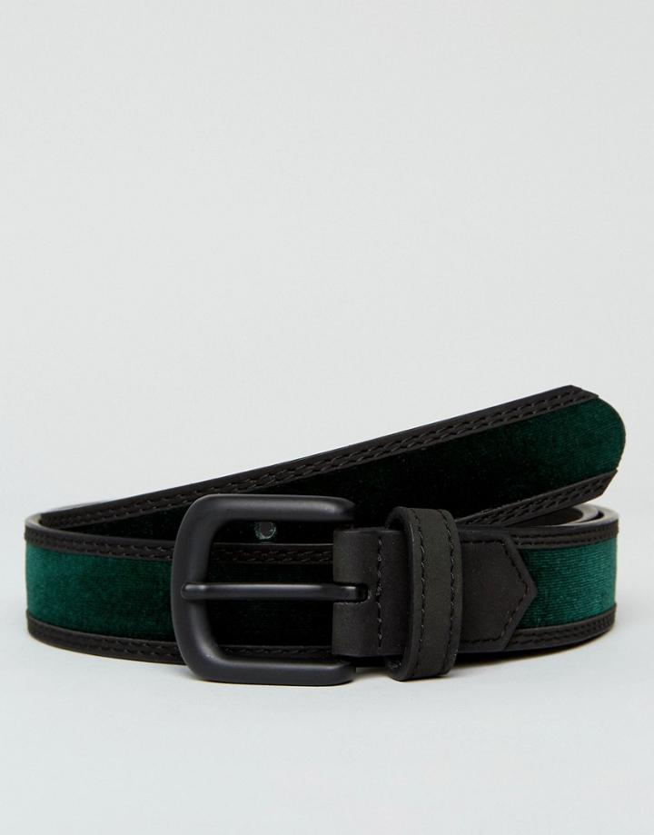 Asos Slim Belt In Black Pu With Green Velvet Insert And Matte Black Buckle - Green