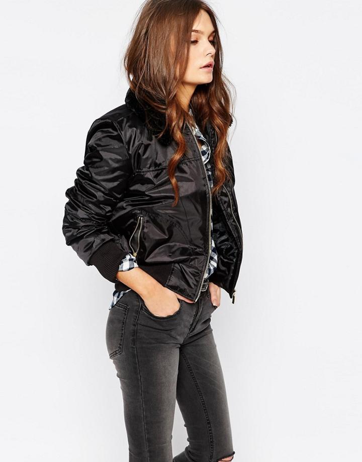 New Look Faux Fur Collar Bomber Jacket - Black