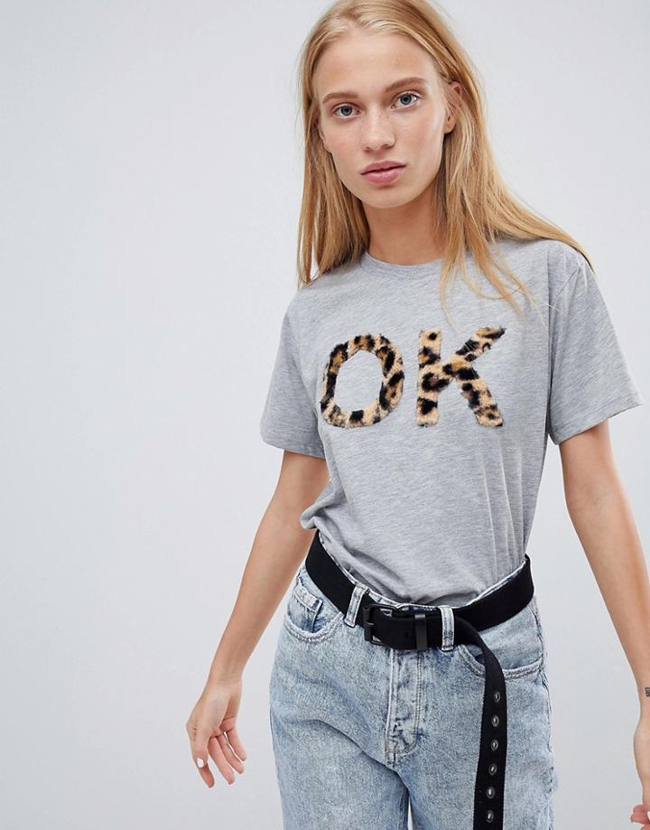 Asos Design T-shirt Ok Fluffy Animal Print - Gray
