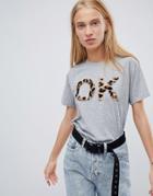 Asos Design T-shirt Ok Fluffy Animal Print - Gray