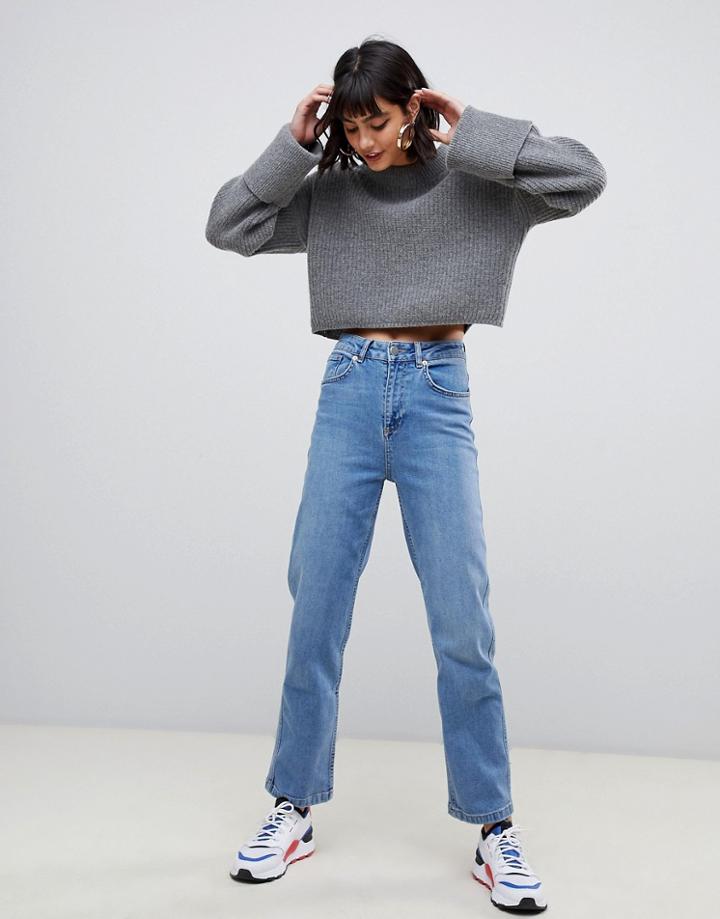 Asos Design High Rise Farleigh Straight Leg Jeans In Stone Wash Blue-blues