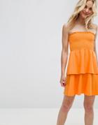 Asos Bandeau Shirred Mini Sundress With Peplum Hem - Orange