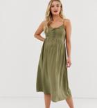 New Look Maternity Lattice Front Midi Dress In Khaki - Green