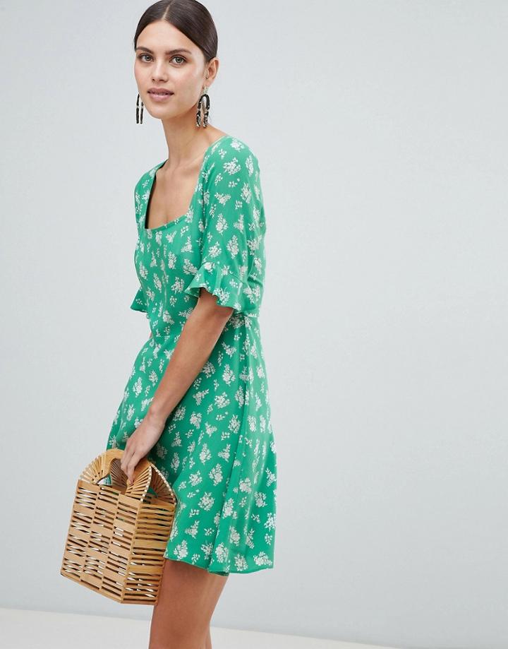 Asos Design Square Neck Mini Skater Dress In Ditsy Floral - Multi