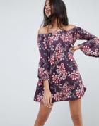 Asos Off Shoulder Mini Dress With Trumpet Sleeve In Floral Print - Multi