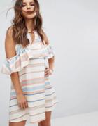 Prettylittlething Cold Shoulder Ruffle Dress - Cream