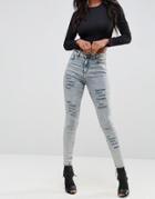 Asos Ridley High Waist Skinny Jeans In Nichol Light Acid Wash With Shredded Rips - Blue
