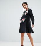 Asos Maternity Embroidered Mini Drop Waist Dress-black