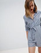 Warehouse Stripe Tie Waist Shirt Romper - Blue