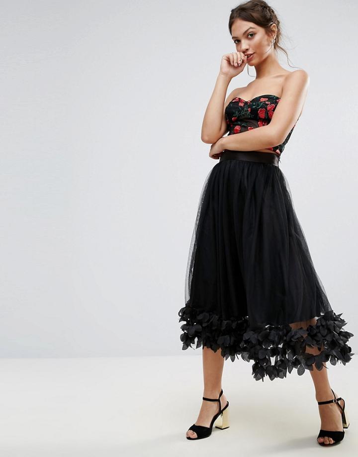 Amy Lynn Tulle Midi Skirt With Floral Trim - Black