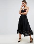 Amy Lynn Tulle Midi Skirt With Floral Trim - Black