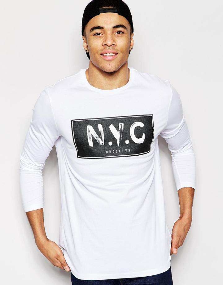 Asos Relaxed Longline Long Sleeve T-shirt With Nyc Puff Print - White