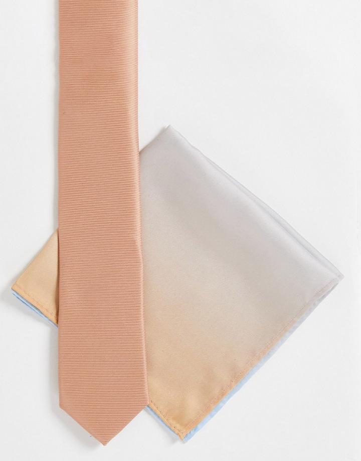 Asos Design Slim Tie With Ombre Effect Pocket Square In Stone - Stone-neutral