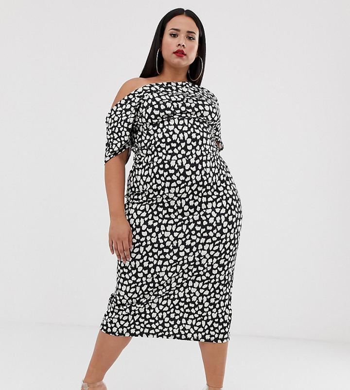 Asos Design Curve Pleated Shoulder Pencil Dress In Mono Polka Dot-multi